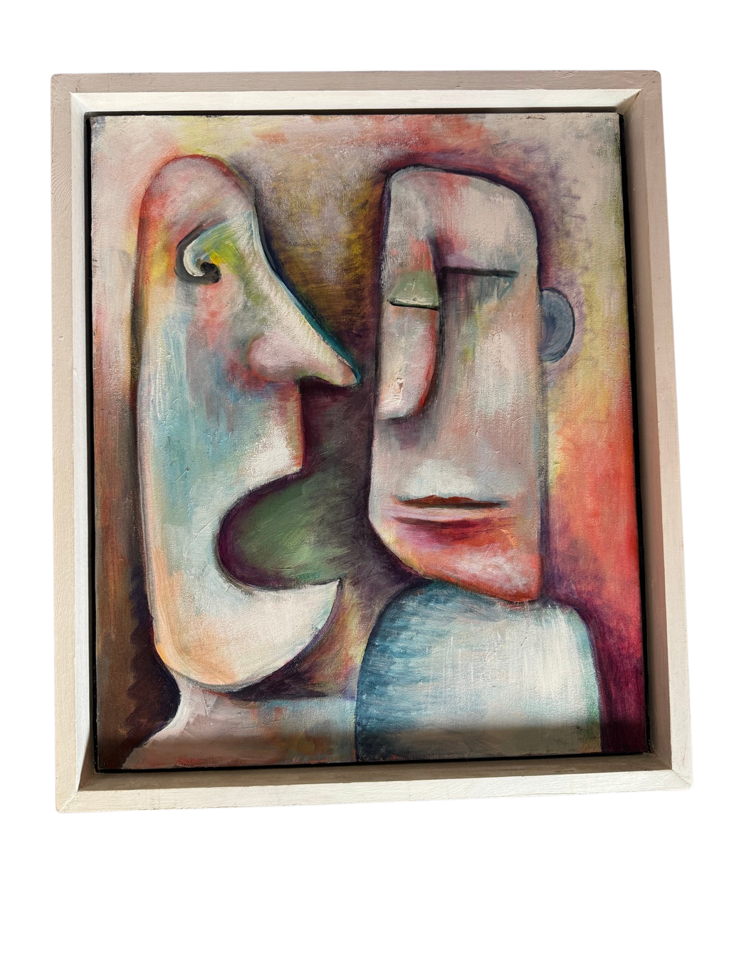 Stylized two-head painting in white float frame, straight-on