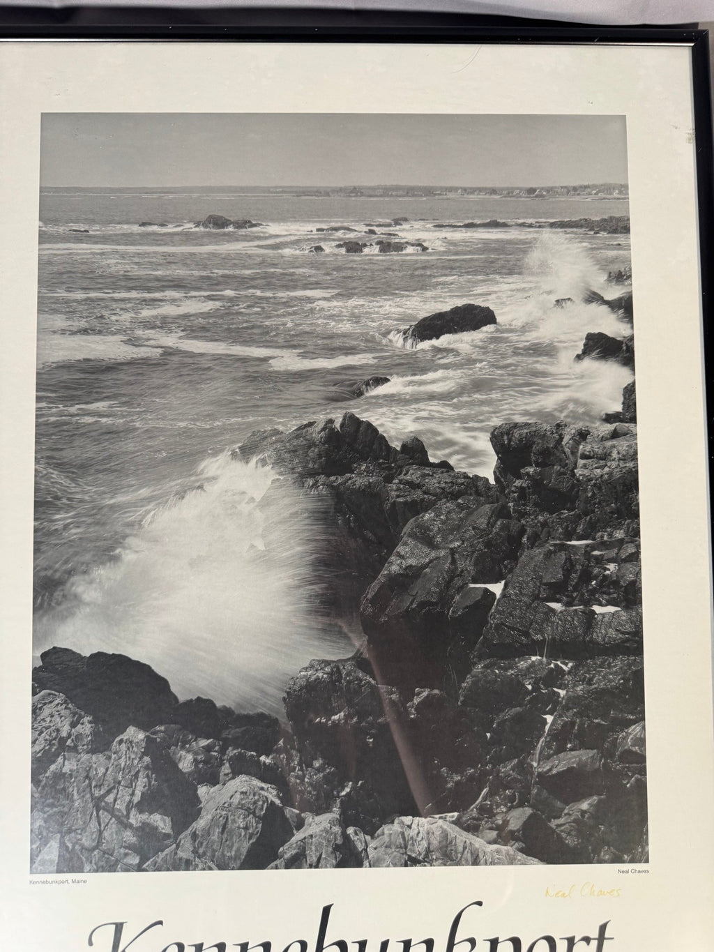 Kennebunkport Maine B&W Surf on Rocks Photo Poster, Neal Chaves, Framed