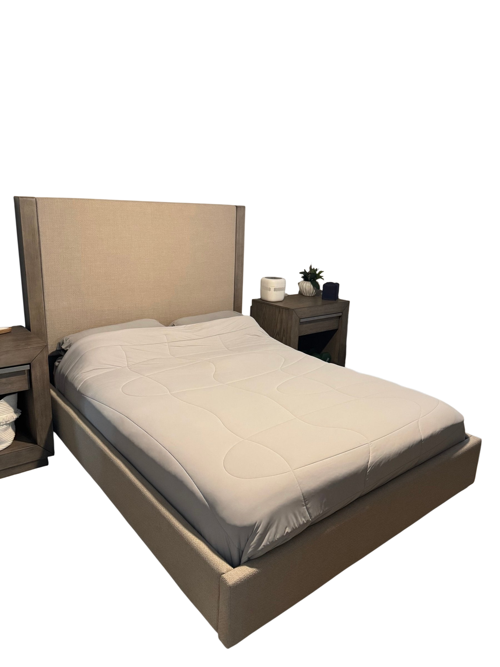 Queen upholstered wingback bed with gray oak frame