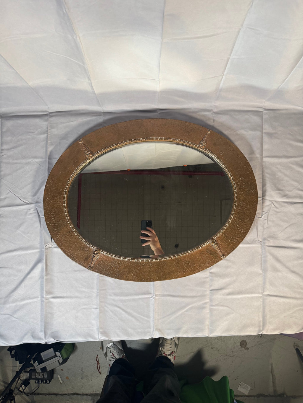 Oval Wall Mirror Arts and Crafts Style Hammered Metal Frame with Strapwork
