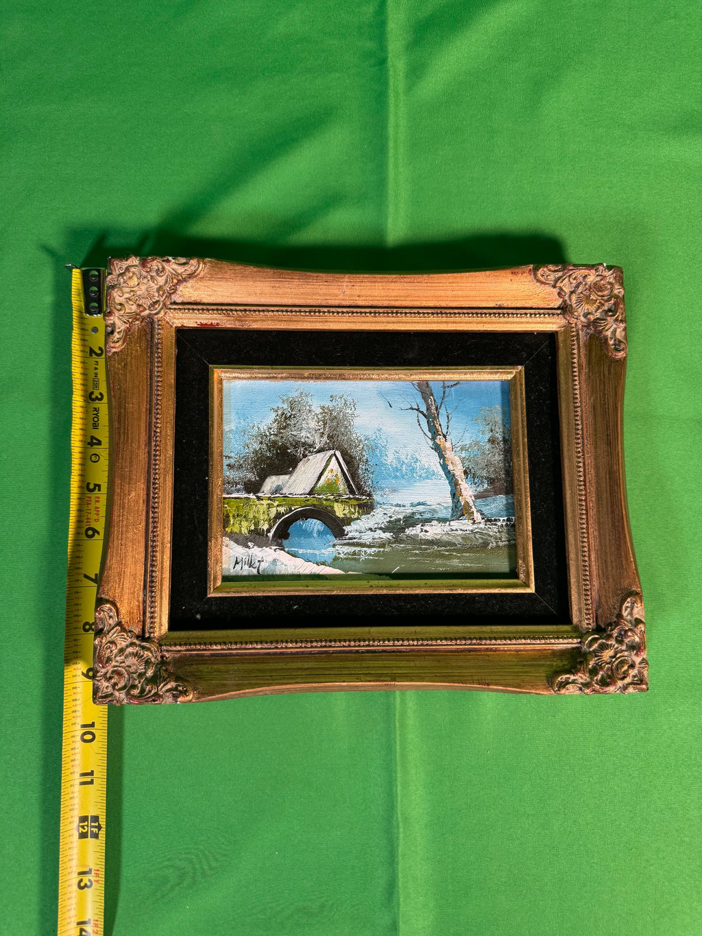 Small Framed Oil Painting Winter Landscape Stone Bridge Birch Signed Millet