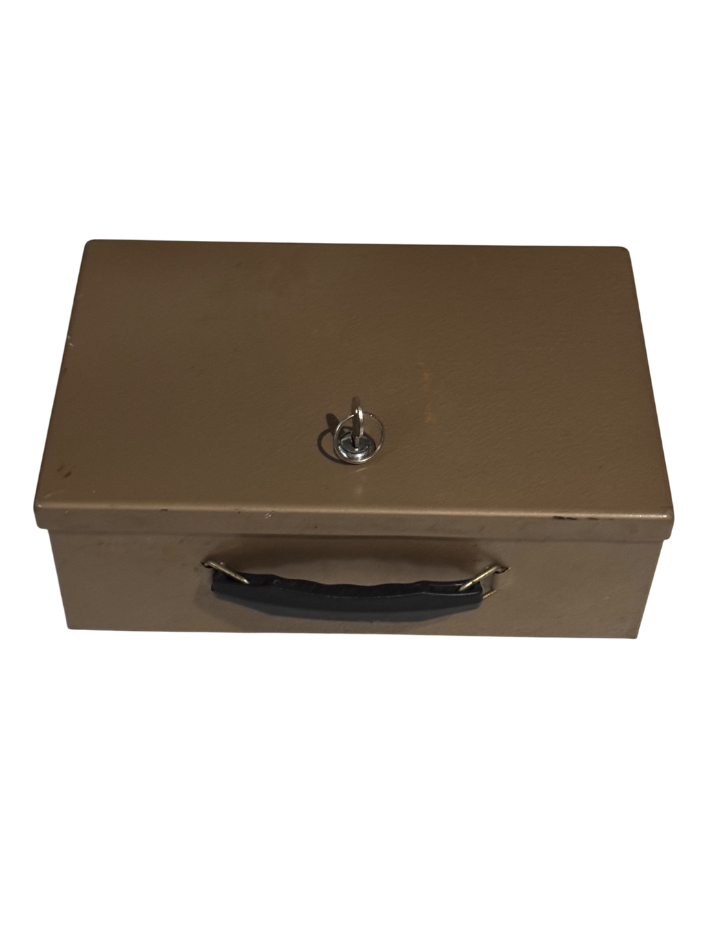 Closed tan metal cash box with black handle and chrome lock mechanism, viewed from above