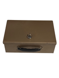 Closed tan metal cash box with black handle and chrome lock mechanism, viewed from above