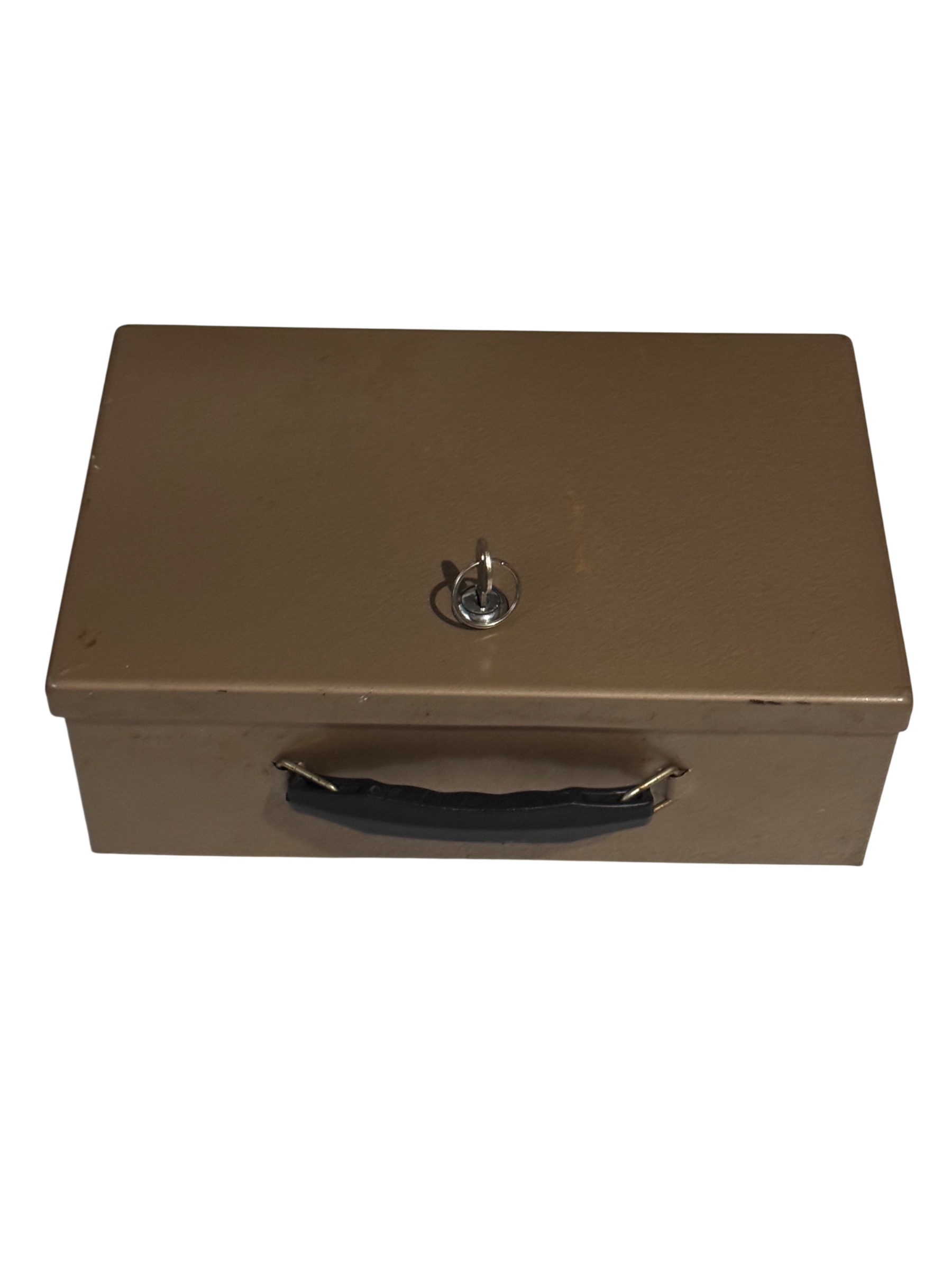 Closed tan metal cash box with black handle and chrome lock mechanism, viewed from above