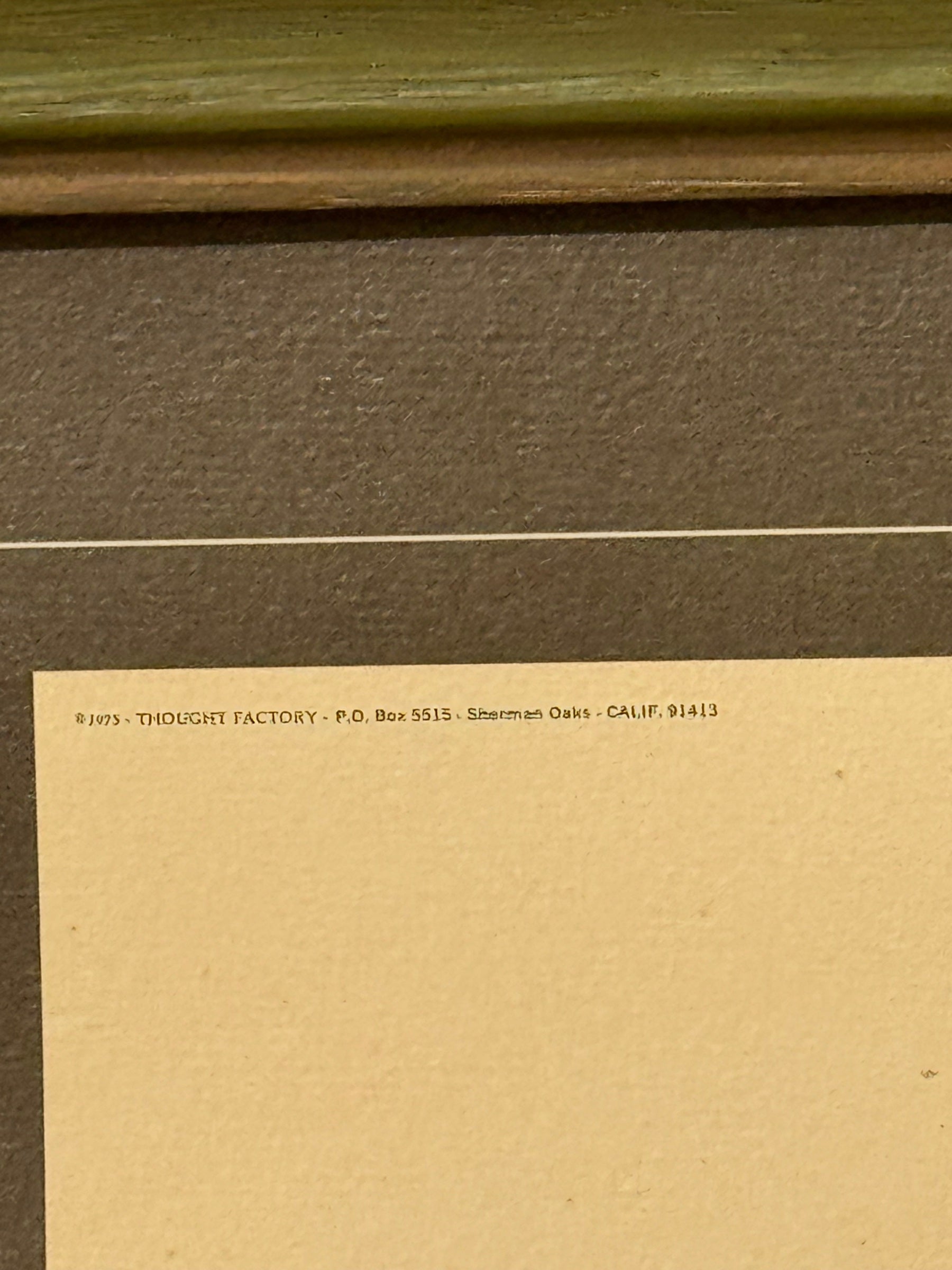 Back of frame showing Thought Factory label reading '8J075 THOUGHT FACTORY P.O. Box 5513 Shermer Oaks CALIF. 91413'