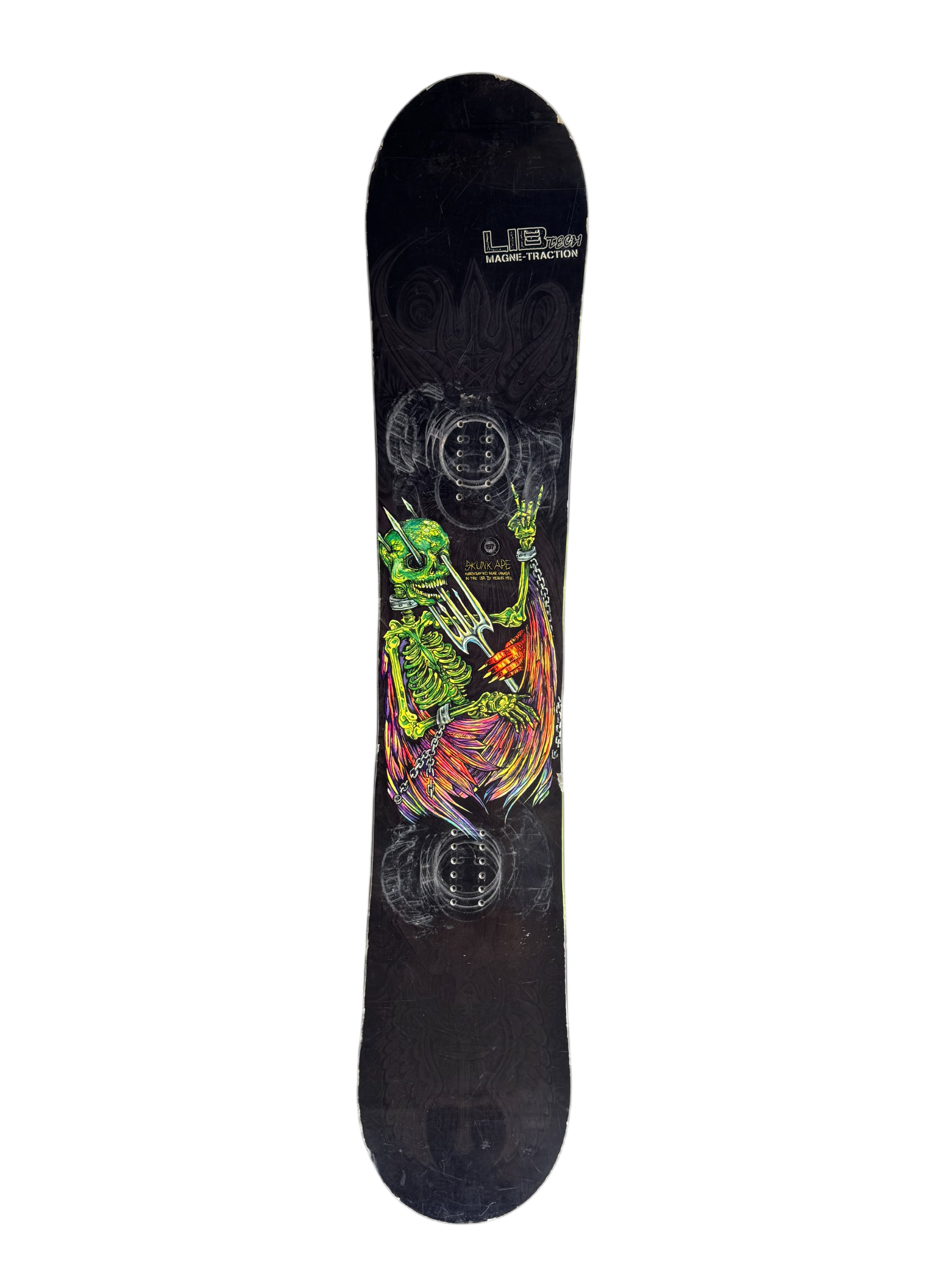 Lib Tech Skunk Ape snowboard displayed flat, showing full length with skeleton graphic design in lime green, orange and purple