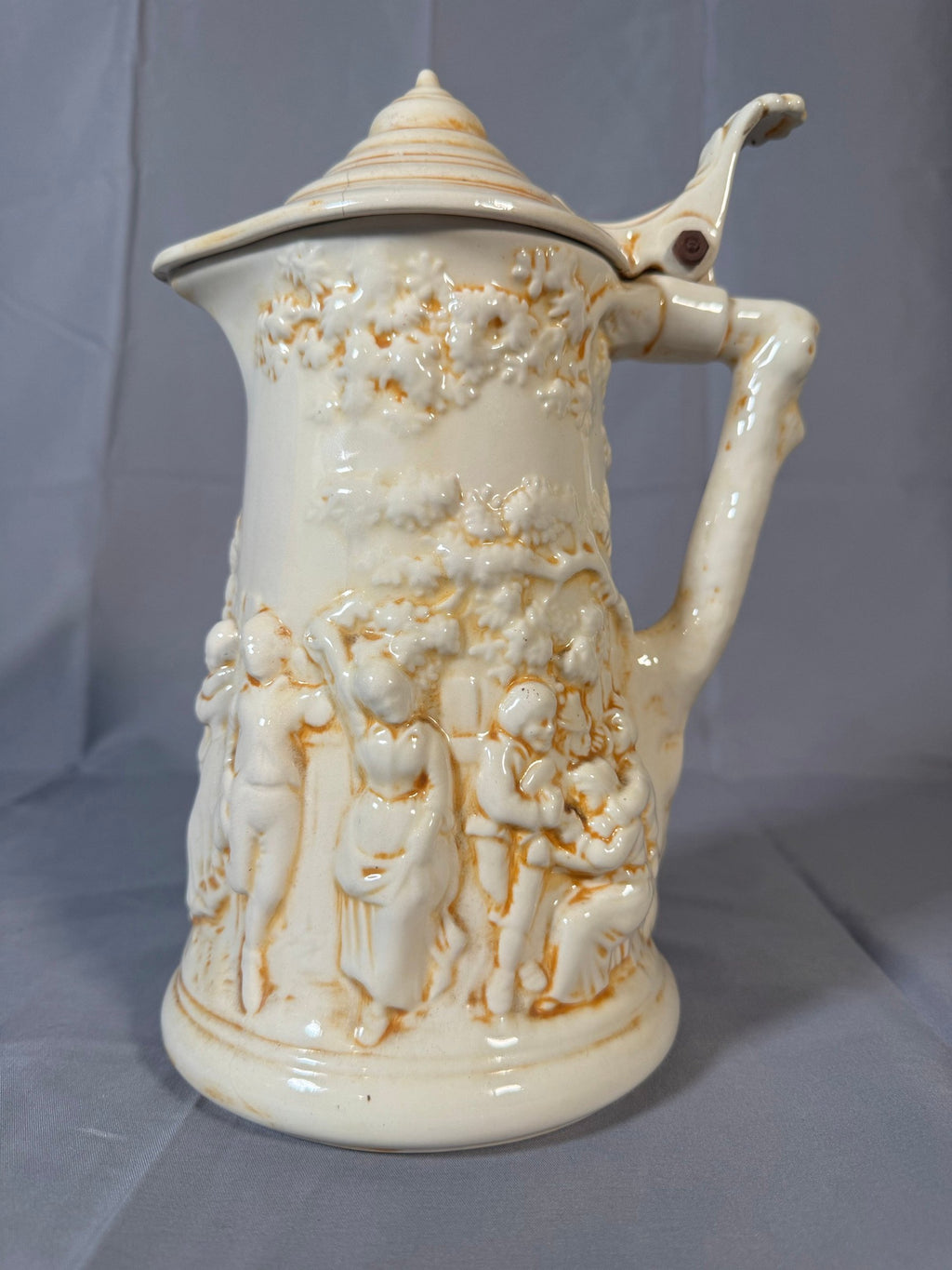 Vintage Atlantic Mold Ceramic Lidded Stein Pitcher, Tavern Scene, Twig Handle