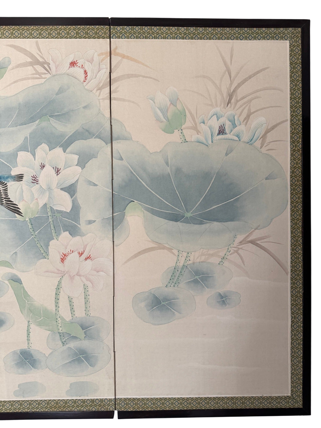 Japanese Four Panel Byobu Folding Screen Hand Painted Lotus Pond and Kingfishers 70 x 34 in
