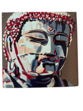 Stencil-style Buddha head painting on a small panel, straight-on