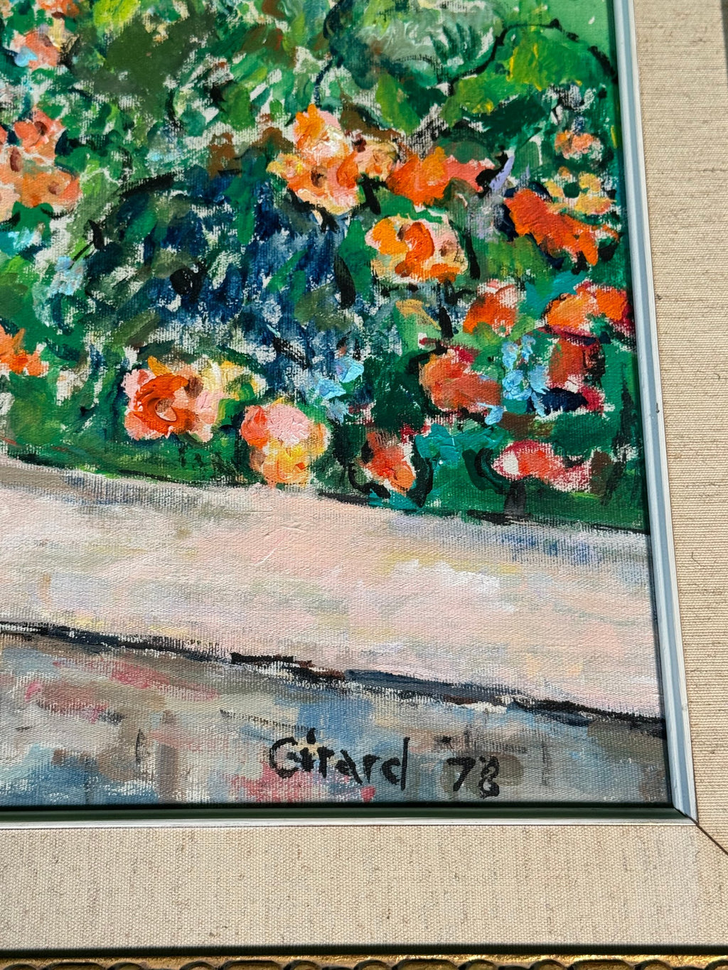 Oil Painting Pot of Geraniums on Terrace Wall Signed Girard 78 Gilt Frame