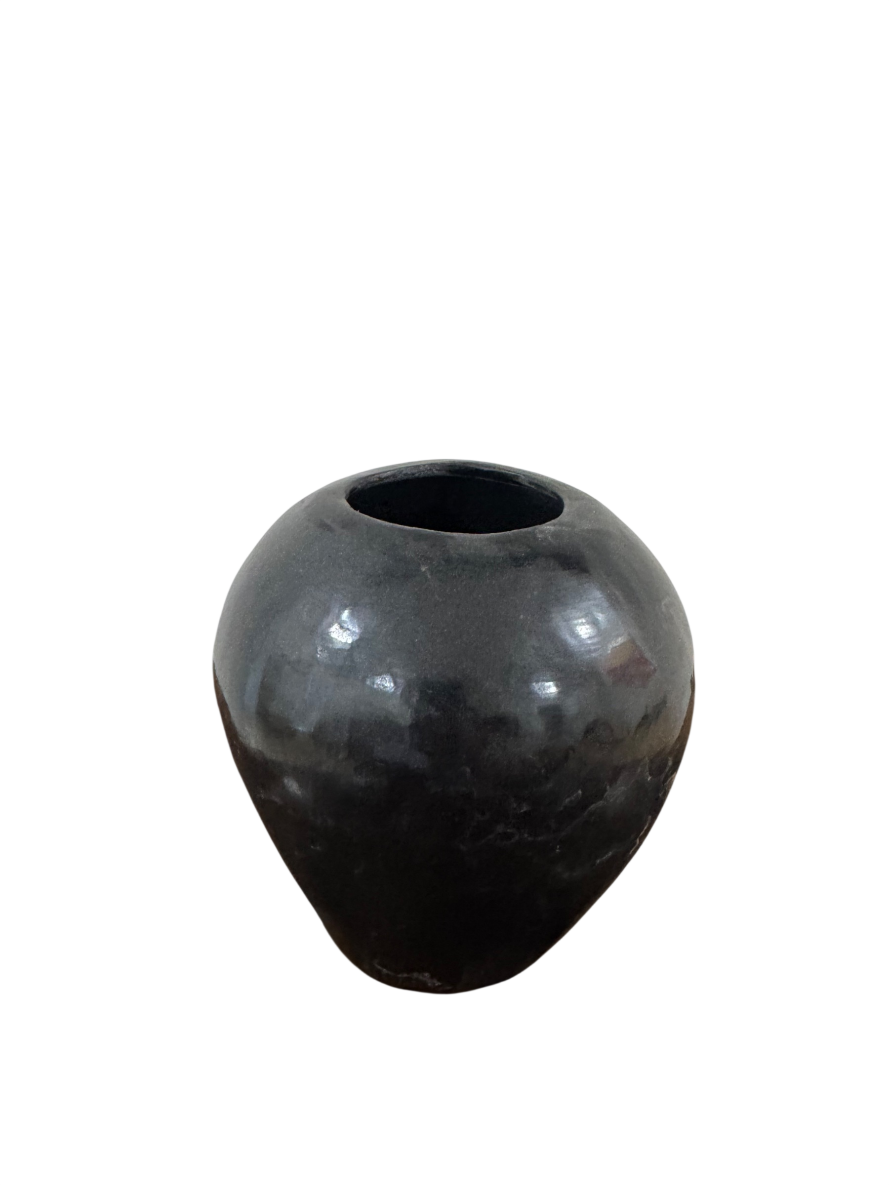 Black polished ceramic pottery vase with rounded bulbous form and small opening at top, displayed against white background