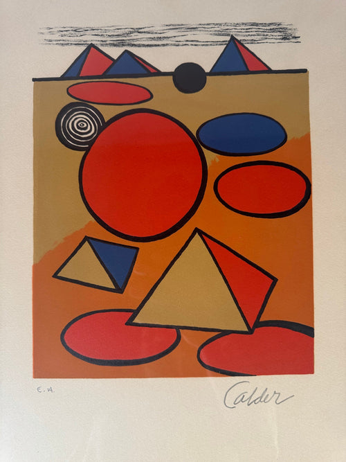 The full sheet: pyramids, red and blue discs and a spiral, inscribed E.A. lower left and pencil-signed Calder lower right