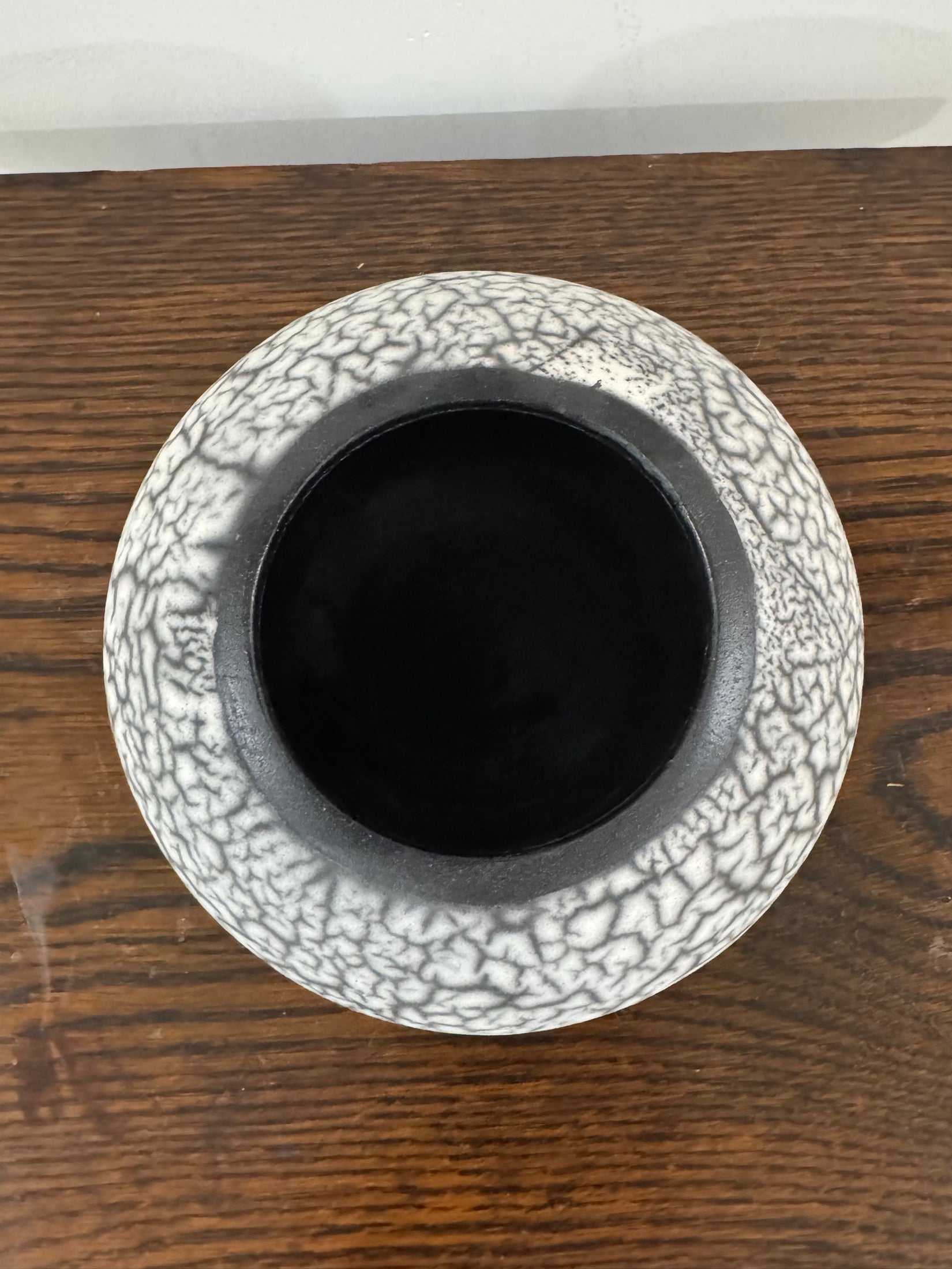 Studio Pottery Vase White Crackle Lichen Glaze Dark Body Impressed Mark