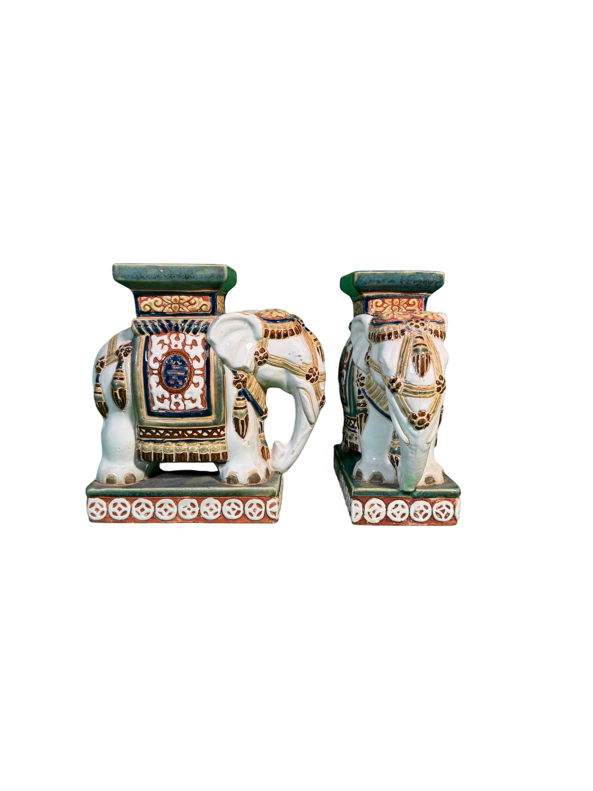 Pair Polychrome Ceramic Elephant Plant Stands Shou Medallion Mid-20th Century