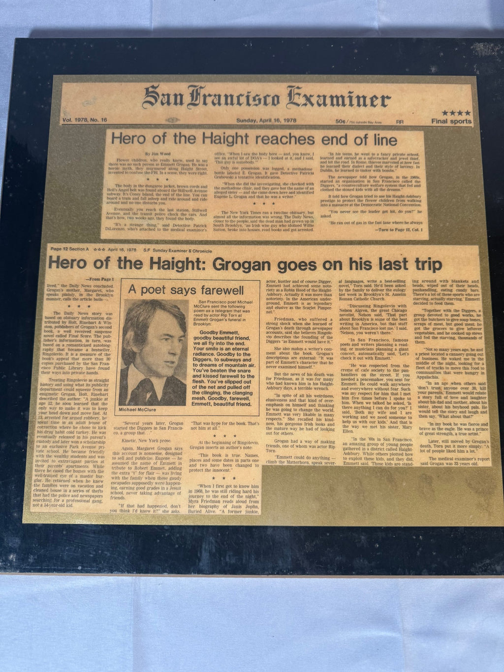 Framed San Francisco Chronicle 1966 and Examiner 1978 Grogan Newspaper Pair