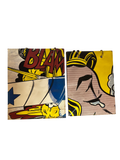 Group of pop-art comic-panel shopping bags laid out together