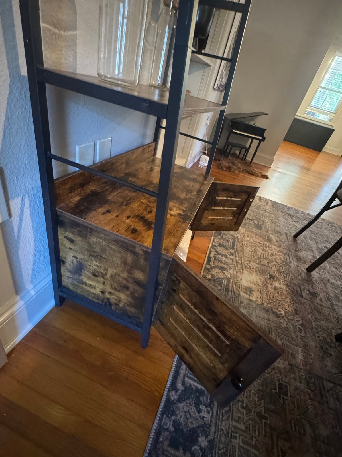 Angled view of the shelf with drawers open