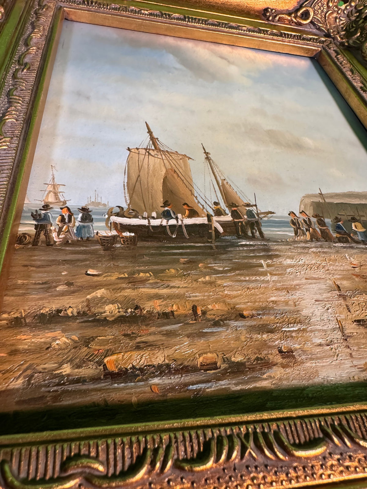 Original Oil Painting Fishing Boat Beached at Low Tide Marine Ornate Gilt Frame