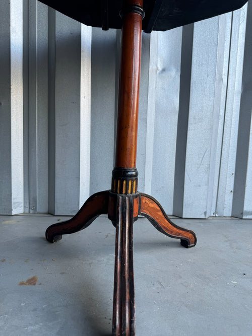 Tripod pedestal base with curved legs, showing wood construction and metal banding detail