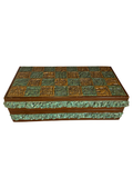 Decorative wood box with molded relief tile pattern in green and bronze finish, side view