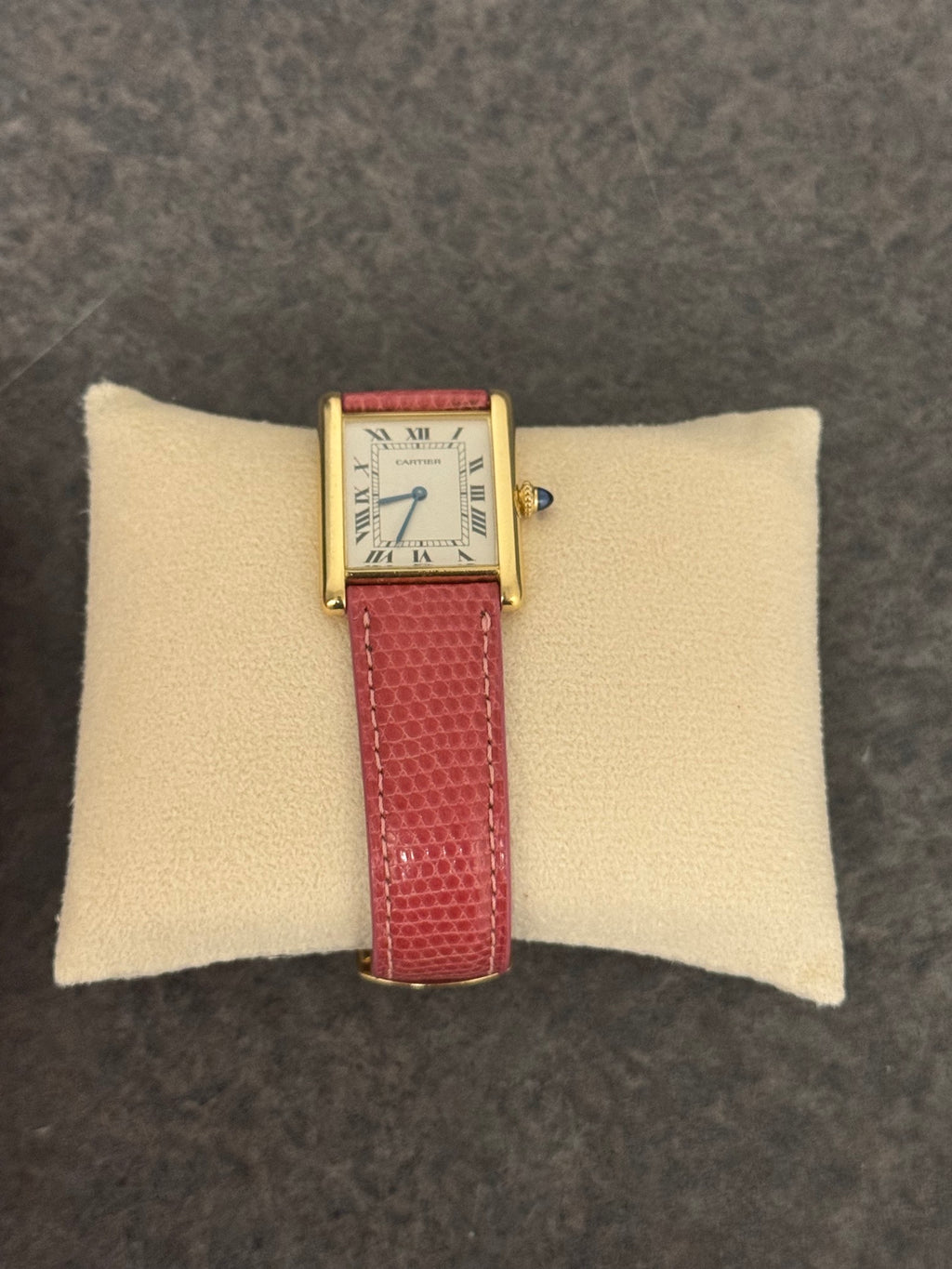 Cartier Tank Style Wristwatch Gold Tone Roman Dial Red Lizard Strap Signed Buckle