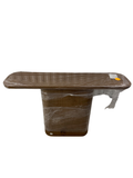 RH Oslo Pedestal Console Table wrapped in plastic, walnut finish, rectangular top with pedestal base, front three-quarter view