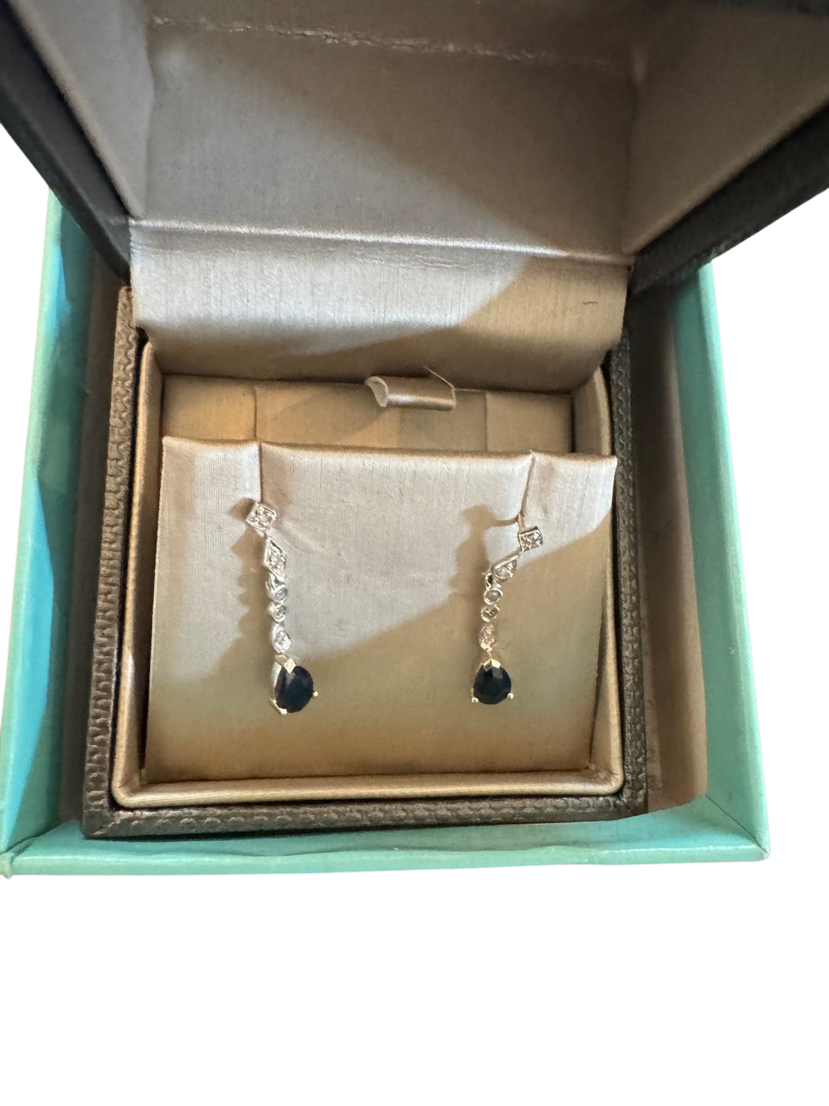 Blue Sapphire & Diamond Pear Drop Earrings White Metal Estate Boxed Excellent