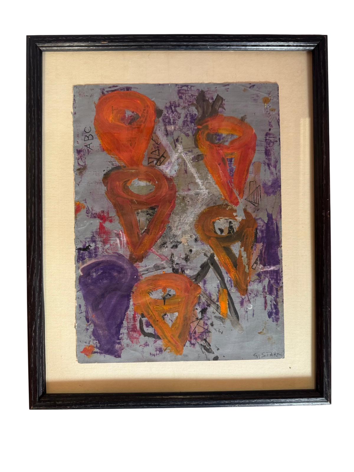 Abstract orange and purple mixed-media on board in black frame, straight-on