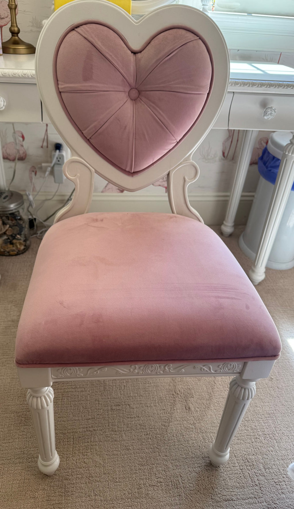 Pink velvet heart-back vanity chair