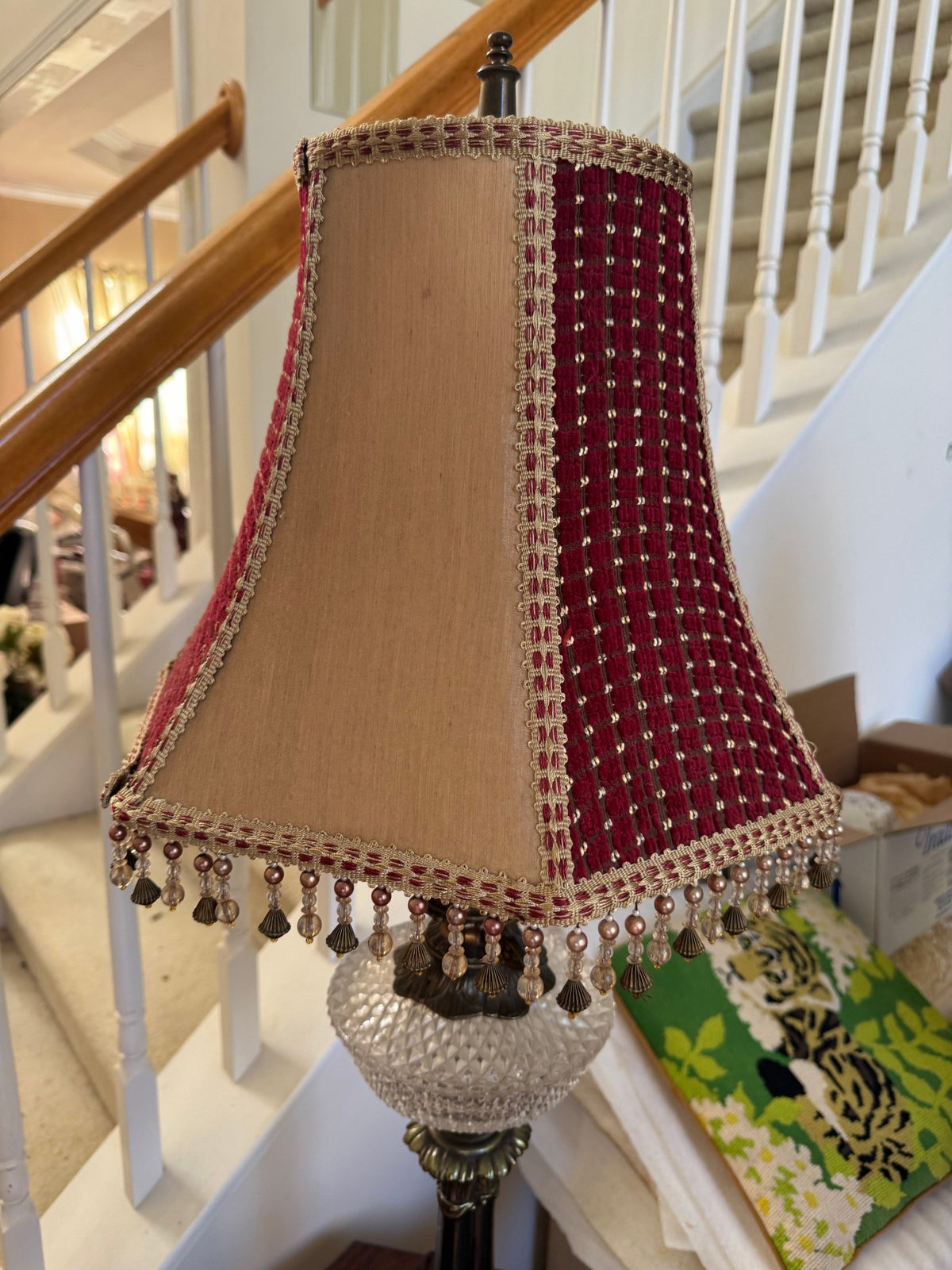 Close view of the beaded shade and cut-crystal font