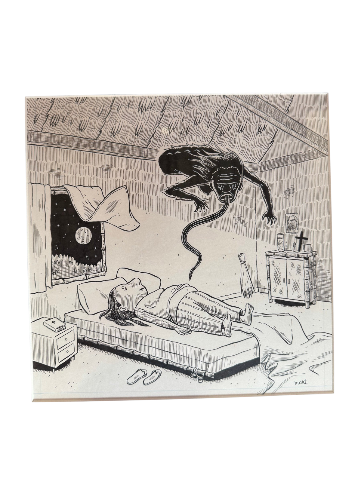 Full ink image of a figure on a bed with a floating shadow figure