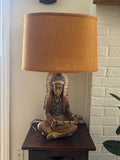 Native American Chief Figural Table Lamp Seated Figure Burlap Shade Vintage
