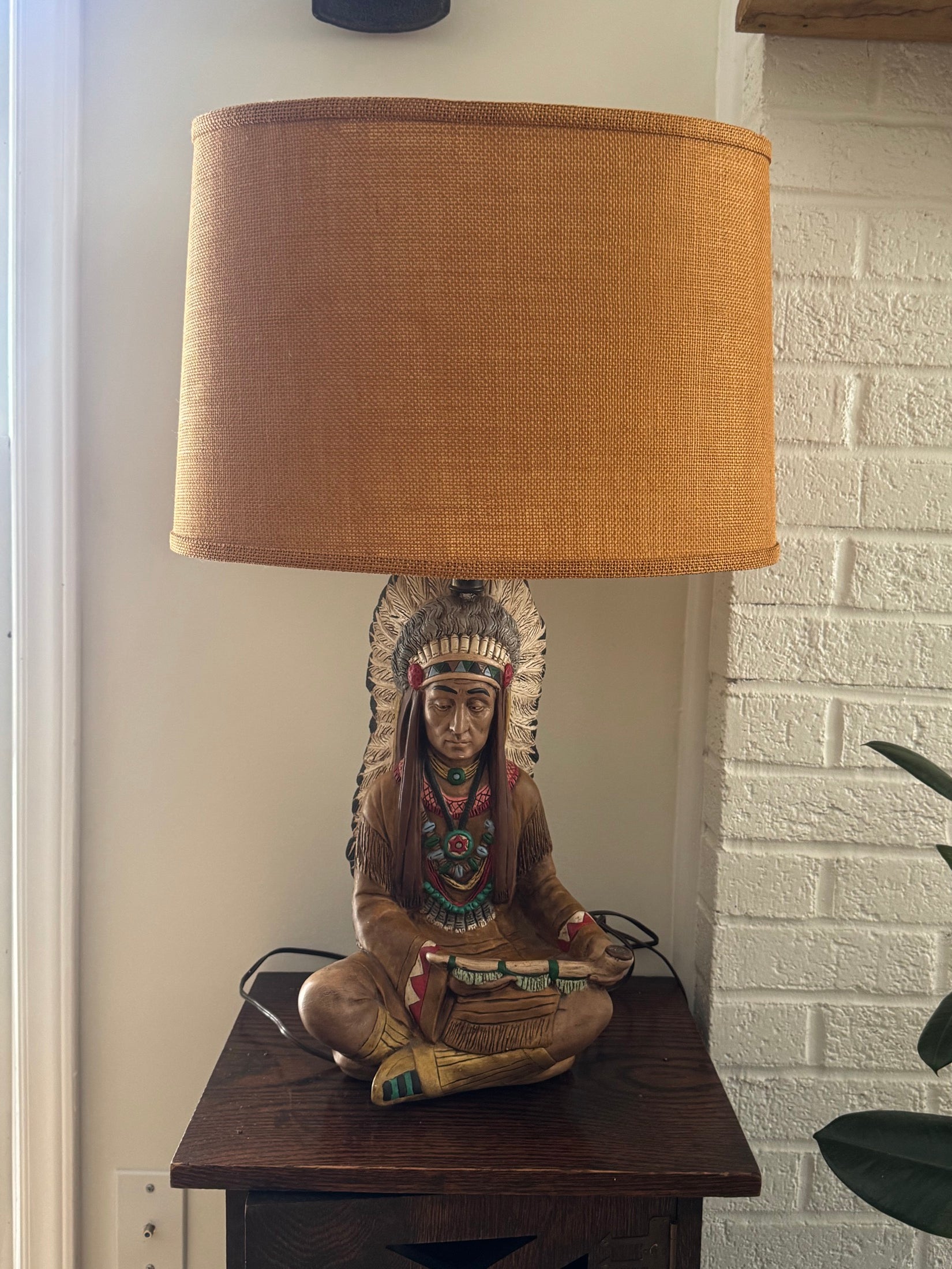 Native American Chief Figural Table Lamp Seated Figure Burlap Shade Vintage