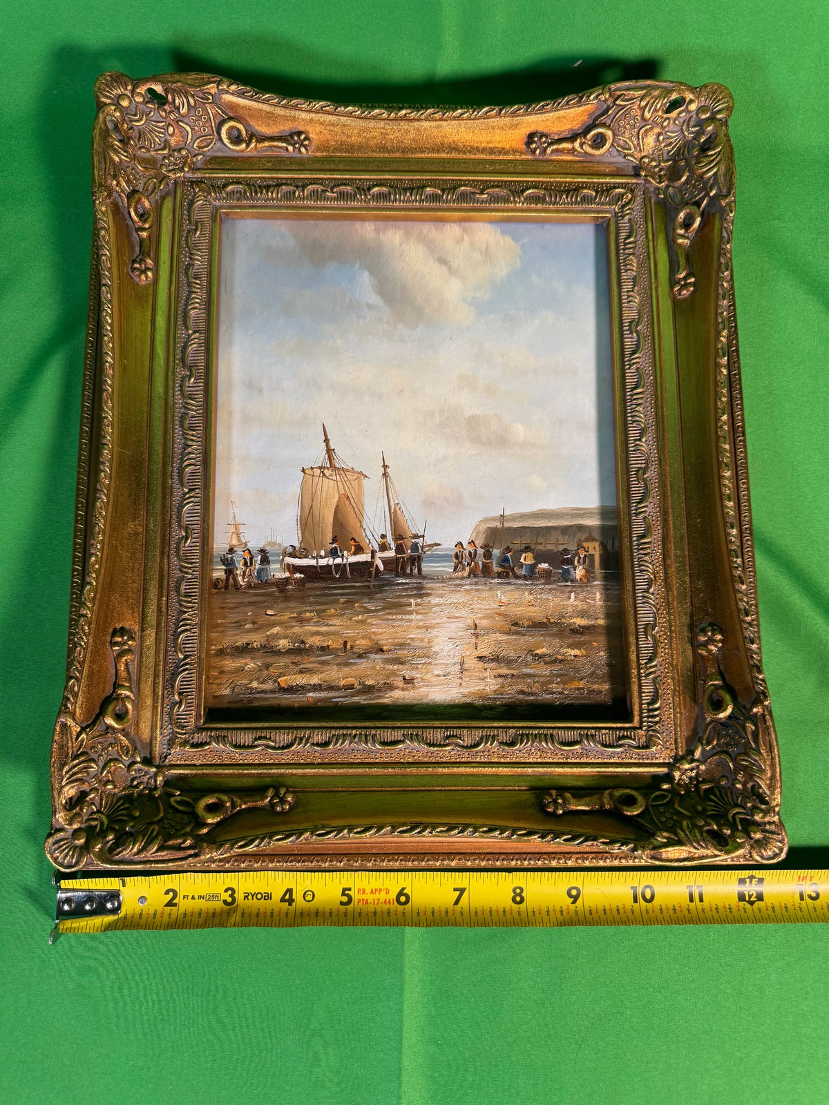 Original Oil Painting Fishing Boat Beached at Low Tide Marine Ornate Gilt Frame