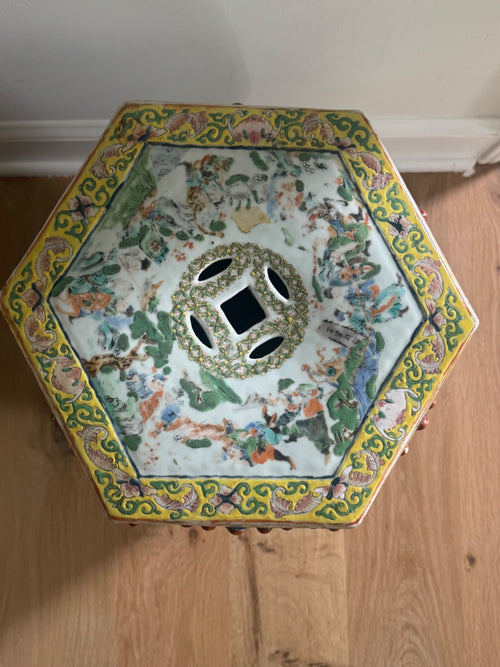 Top-down view of hexagonal stool showing yellow scrollwork border, painted figures and landscape scene, ventilation holes