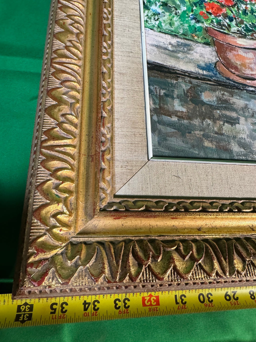 Oil Painting Pot of Geraniums on Terrace Wall Signed Girard 78 Gilt Frame