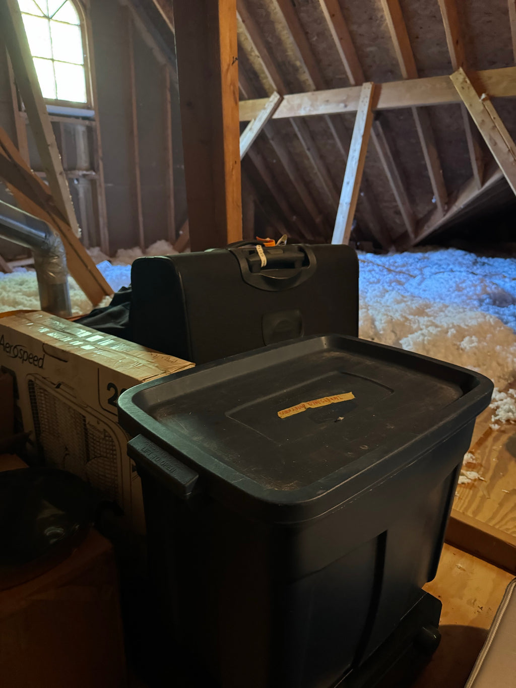 Black plastic storage tote with lid in attic next to a suitcase and boxed items