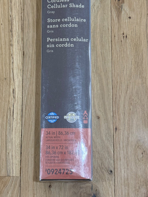 Product label showing Cordless Cellular Shade in Gray, 34in x 86.36cm actual width, 34in x 72in length