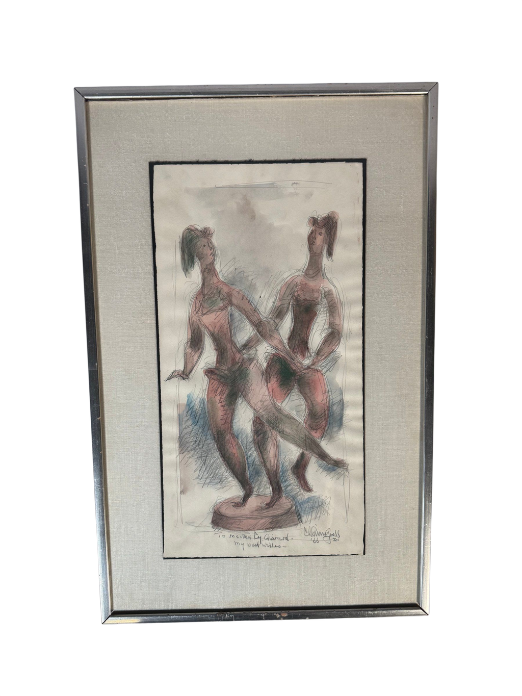 Chaim Gross Signed 1966 Pencil Watercolor Drawing Two Dancers Inscribed Girard