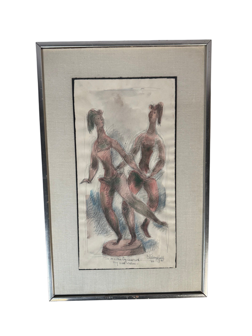 Chaim Gross Signed 1966 Pencil Watercolor Drawing Two Dancers Inscribed Girard