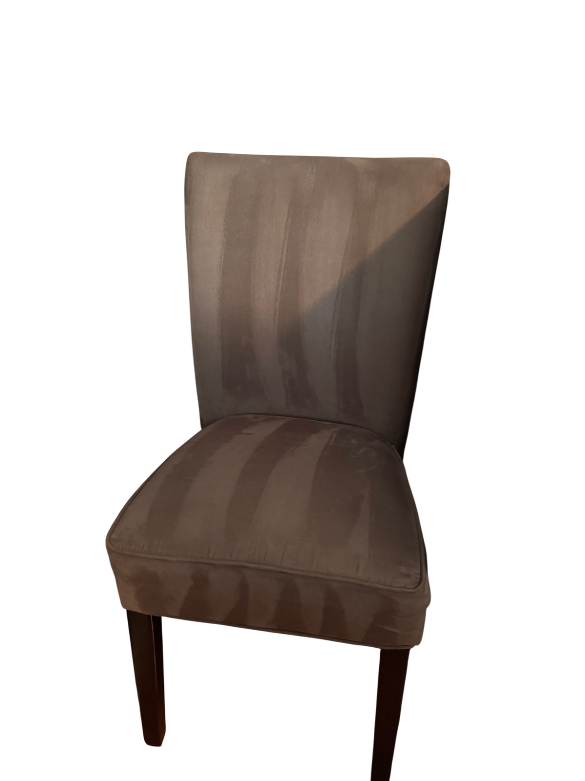 Taupe microsuede Parsons accent chair with dark wood legs in room corner