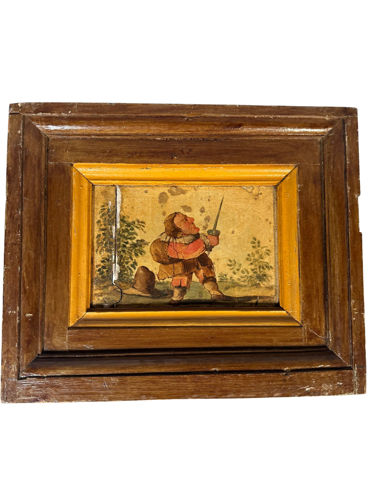 Grotesque Dwarf Oil on Panel Painting After Callot Gobbi Type, Deep Wood Frame