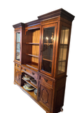 Broyhill china hutch full front view, wood construction with glass doors, open shelving center, lower storage drawers, decorative hardware