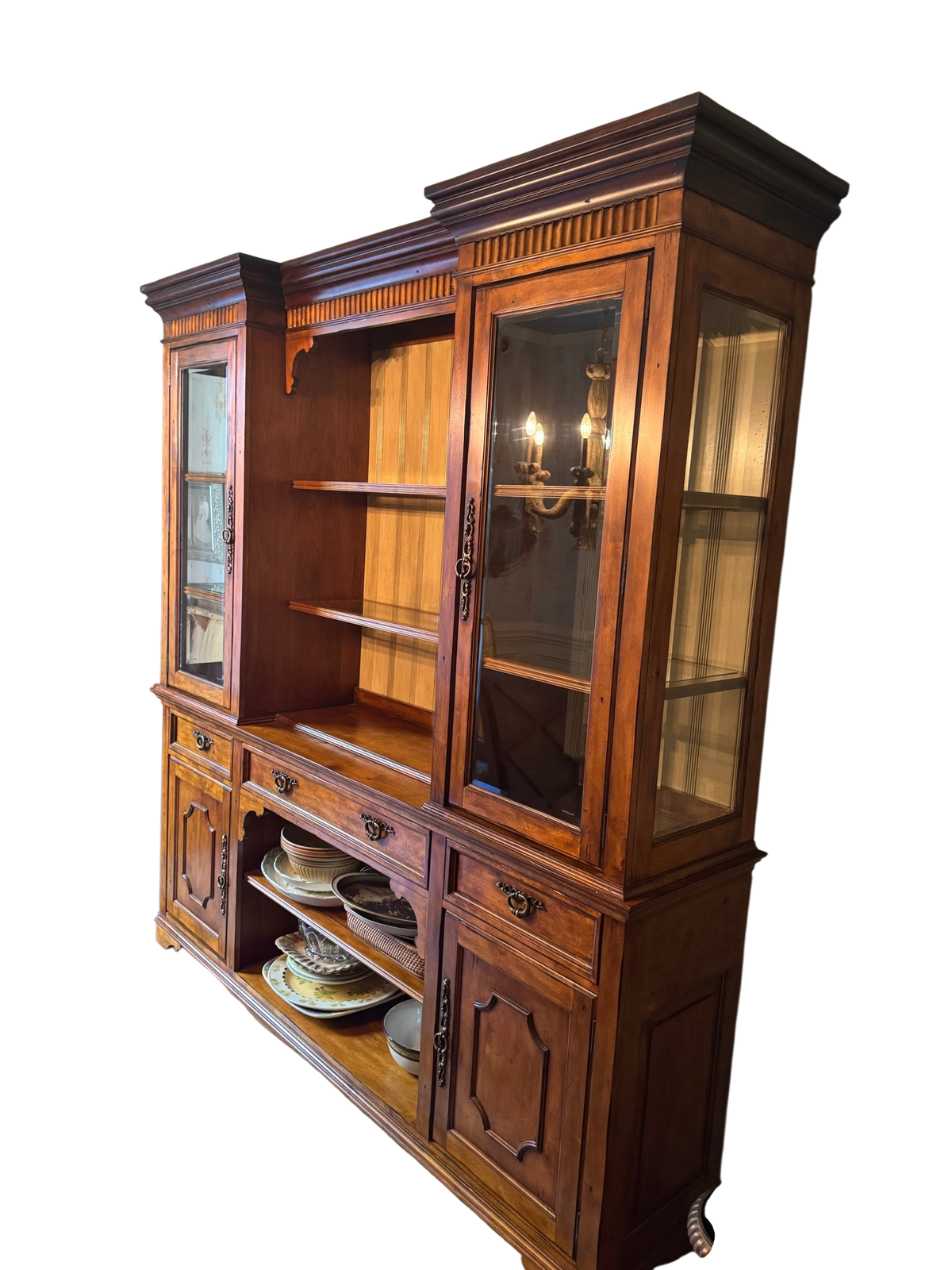 Broyhill china hutch full front view, wood construction with glass doors, open shelving center, lower storage drawers, decorative hardware