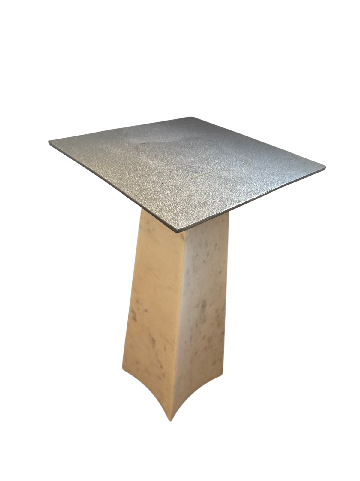 Figuration side table with grey metal top on a tapered white marble base