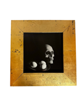 Black-and-white vanitas photograph of a skull and eggs in a gold-leaf frame