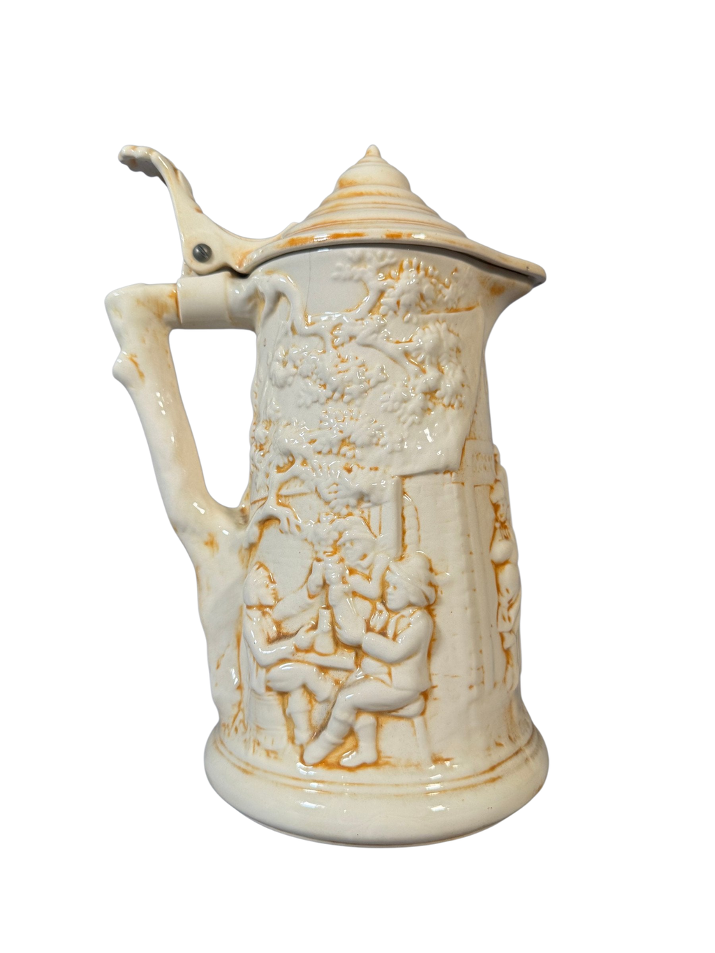 Vintage Atlantic Mold Ceramic Lidded Stein Pitcher, Tavern Scene, Twig Handle