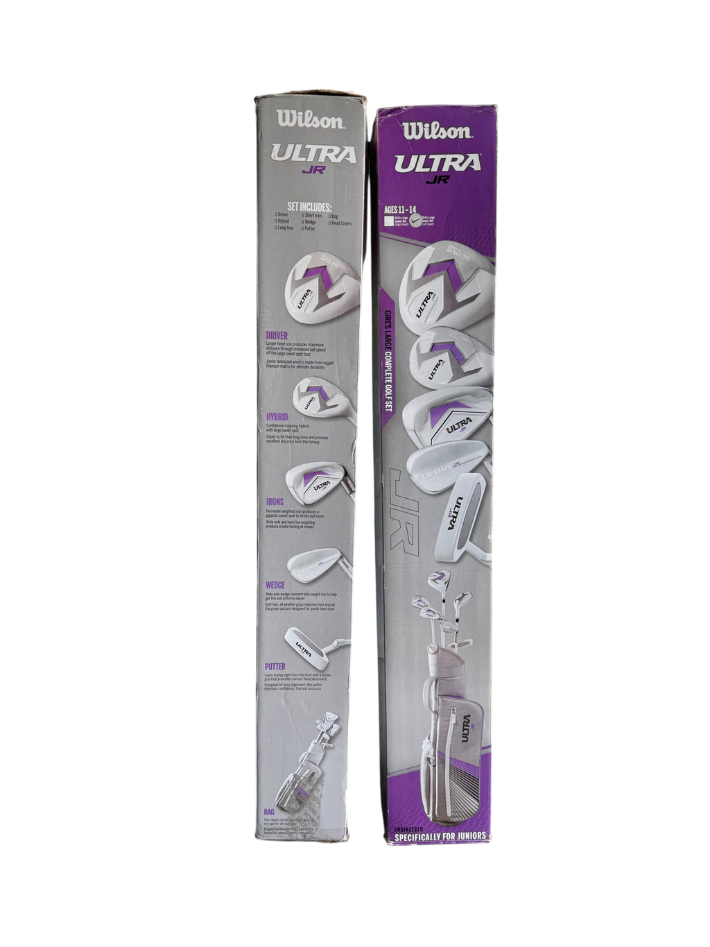 Two Wilson Ultra JR golf club sets in boxes, purple and gray packaging, showing driver, hybrid, irons, wedge, and putter club heads