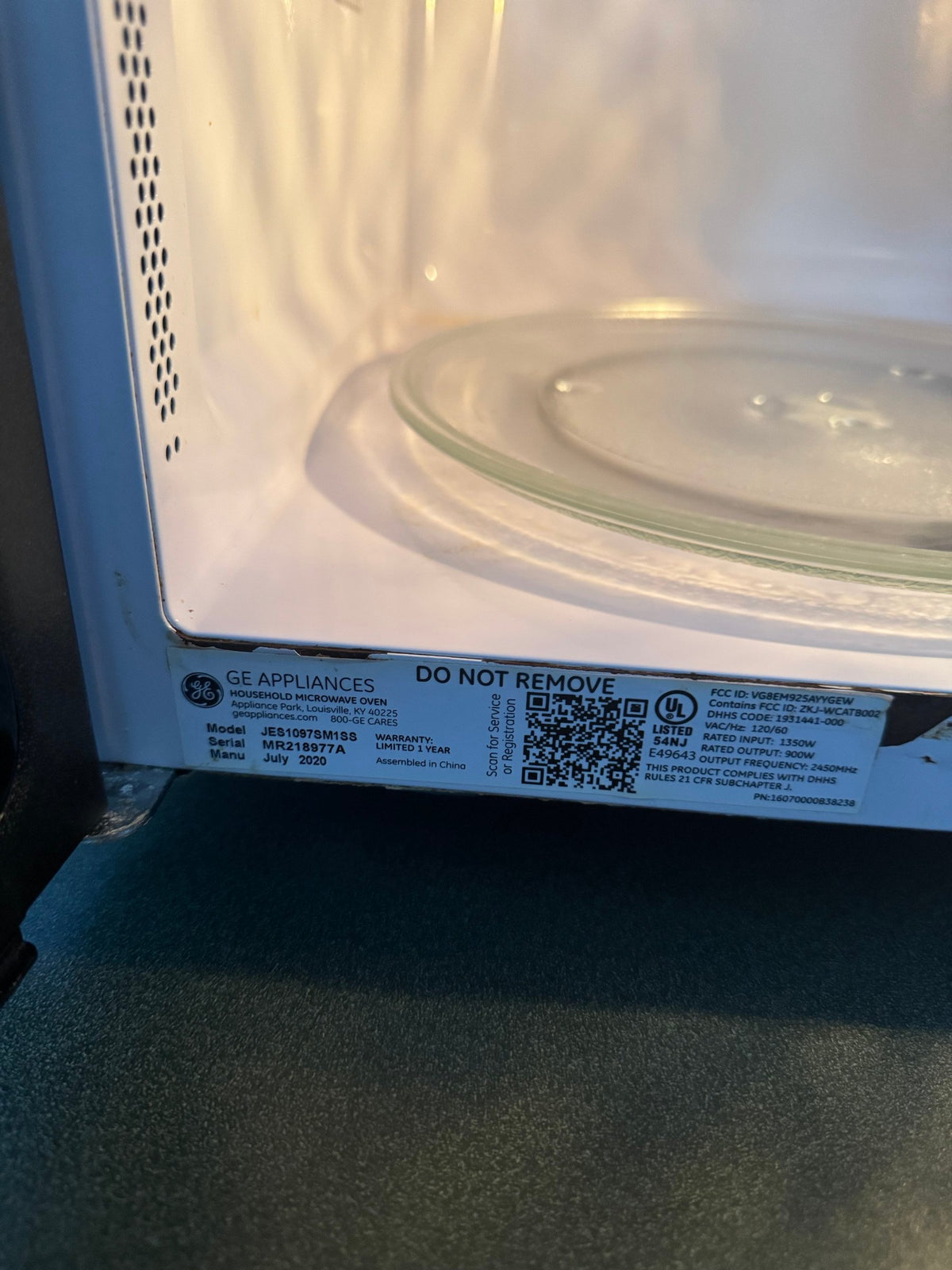 GE rating label inside the cabinet