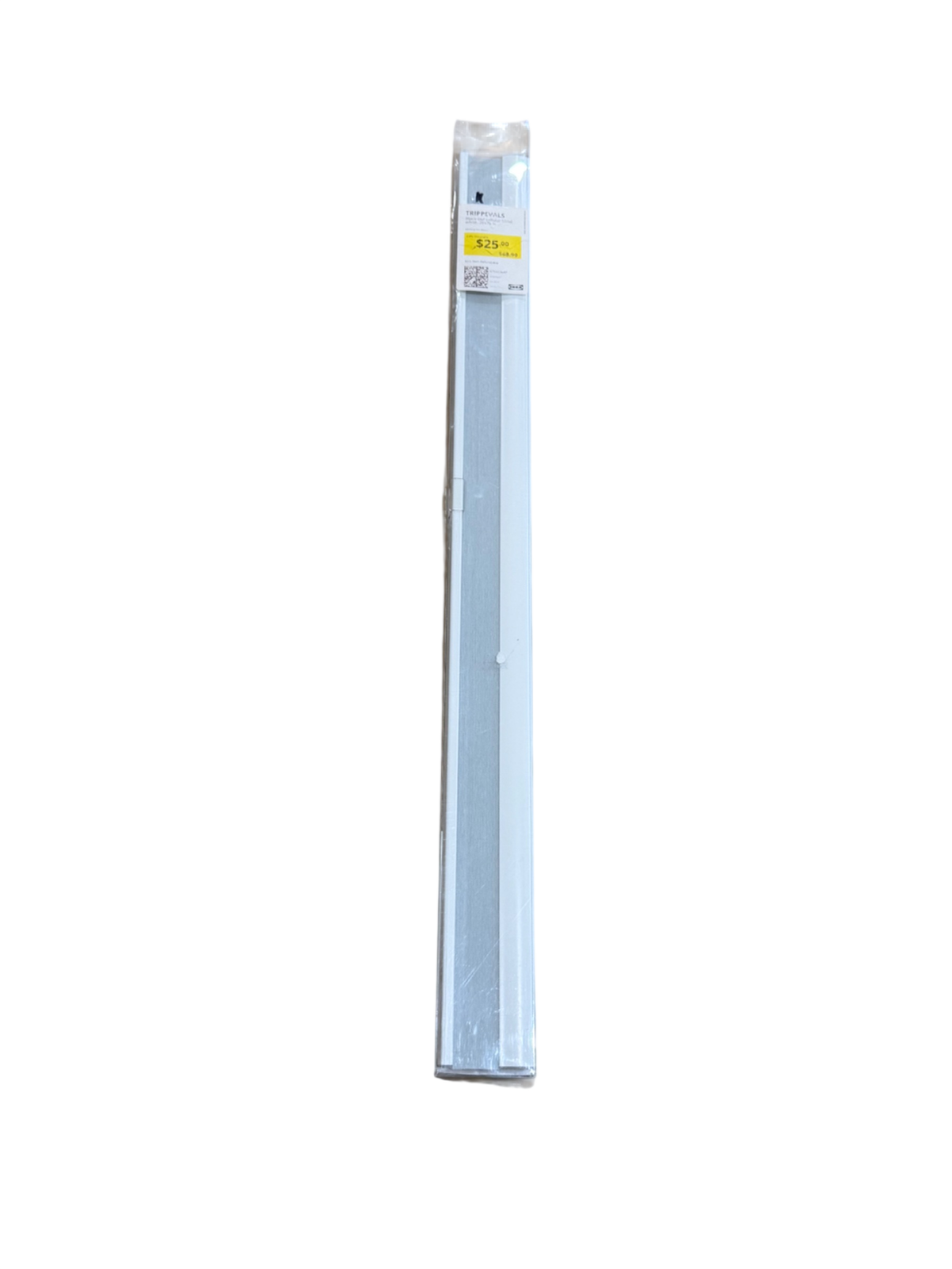 IKEA Trippevals cellular blind in white, packaged in clear plastic, full length view showing price label